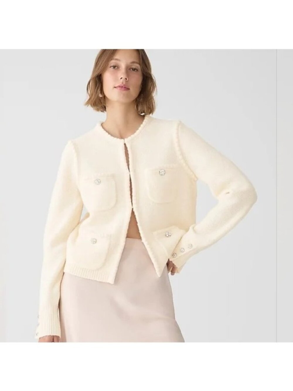 JCrew Ivory Odette Lady Boucle Crystal Buttons Sweater Jacket Womens 3XLarge